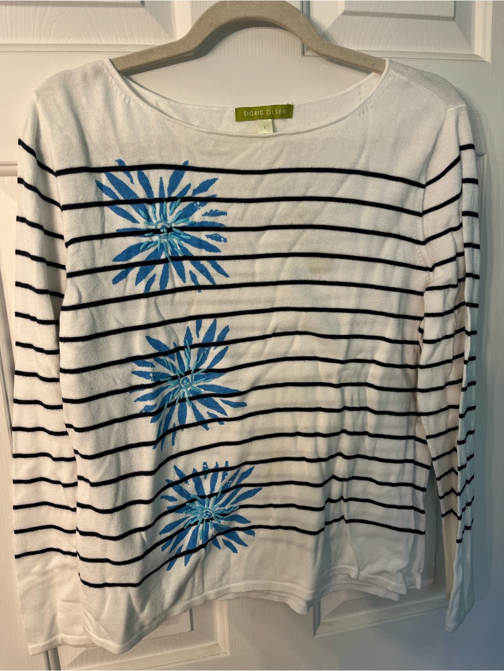 Sigrid Olsen White Striped Top with Blue Floral Accent L